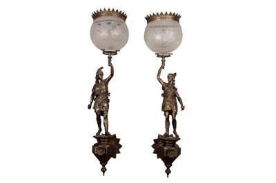 Lot 251 - A PAIR OF BRONZE FIGURAL WALL LIGHTS