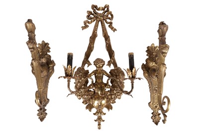 Lot 383 - A TWIN-BRANCH WALL SCONCE AND PAIR OF SINGLE WALL SCONCES