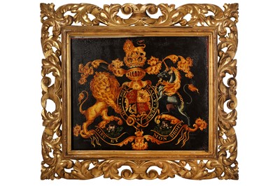 Lot 1 - AN EARLY 19TH CENTURY ROYAL COAT OF ARMS COACHING PANEL ARMS OF UNITED KINGDOM OF GREAT BRITAIN AND IRELAND