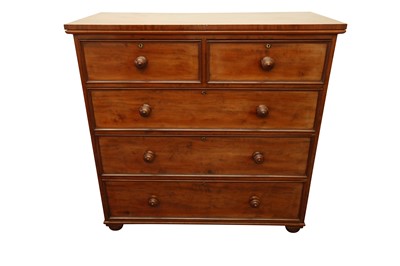 Lot 363 - A 19TH CENTURY PLUM PUDDING MAHOGANY CHEST OF TWO SHORT AND THREE LONG DRAWERS