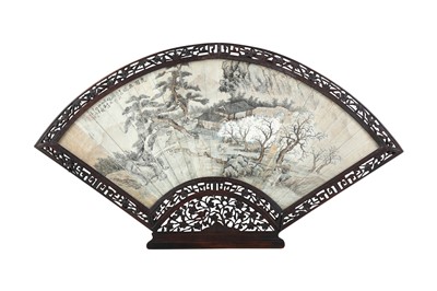 Lot 134 - A CHINESE FRAMED LANDSCAPE FAN PAINTING.