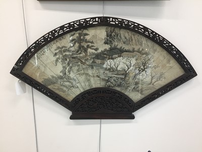 Lot 134 - A CHINESE FRAMED LANDSCAPE FAN PAINTING.