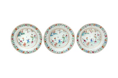 Lot 91 - THREE CHINESE FAMILLE ROSE 'LADIES AND BOYS' DISHES.