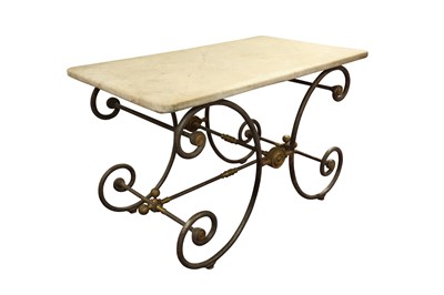 Lot 286 - A FRENCH WROUGHT IRON AND MARBLE BAKER'S TABLE, LATE 19TH TO EARLY 20TH CENTURY
