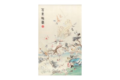 Lot 154 - A CHINESE EMBROIDERED 'HUNDRED BIRDS' PANEL.