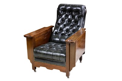 Lot 199 - A MAHOGANY 'GLENISTER'S PATENT' RECLINING GAMING CHAIR BY ALBERT GLENISTER, CIRCA 1919