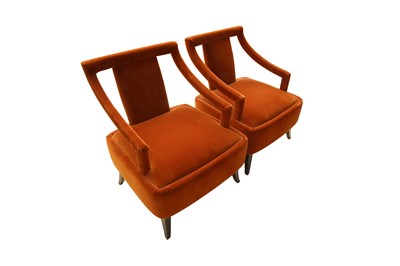 Lot 307 - A PAIR OF TAN VELVET UPHOLSTERED LOUNGE CHAIRS