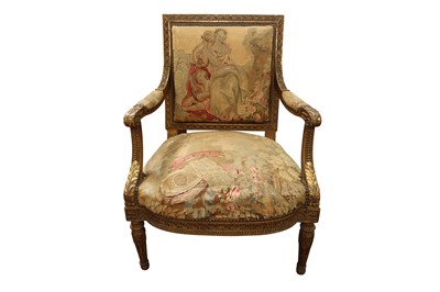 Lot 298 - A LOUIS XVI STYLE GILTWOOD FAUTEUIL