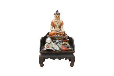 Lot 385 - TWO CHINESE FIGURES AND A WOOD STAND.
