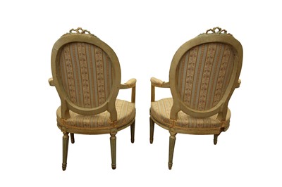 Lot 262 - A PAIR OF PAINTED LOUIS XV STYLE FAUTEUILS