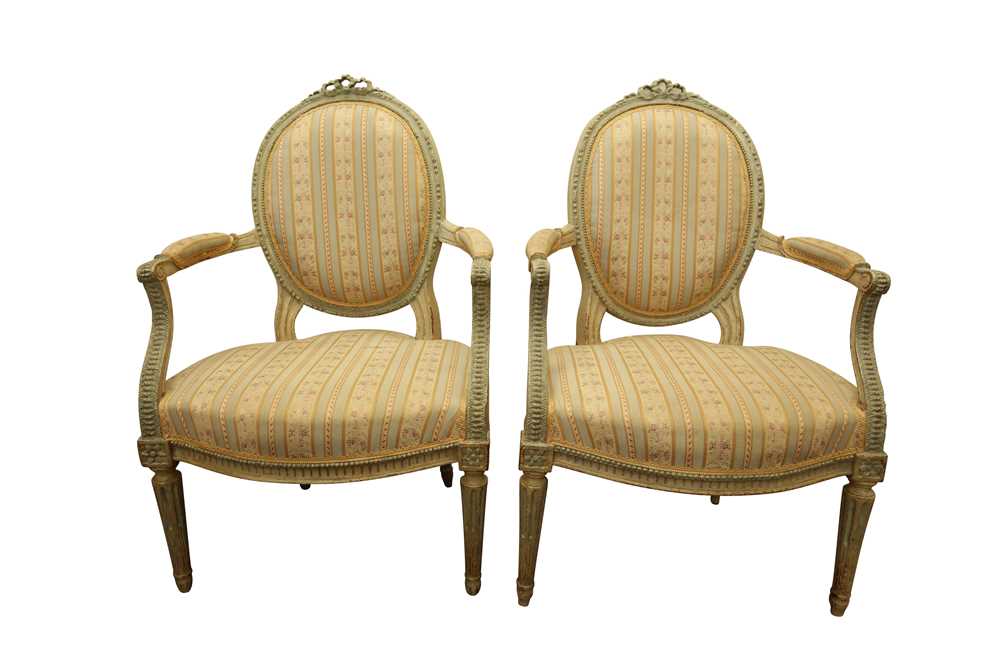 Lot 262 - A PAIR OF PAINTED LOUIS XV STYLE FAUTEUILS