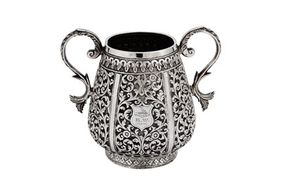 Lot 120 - A LATE 19TH CENTURY ANGLO – INDIAN UNMARKED SILVER TWIN HANDLED SUGAR BOWL, CUTCH DATED 1894