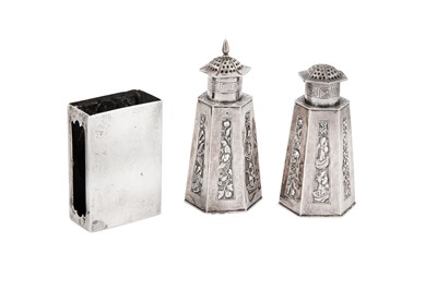 Lot 271 - An early 20th century Chinese Export silver match box holder, Shanghai circa 1920 retailed by Hung Chong