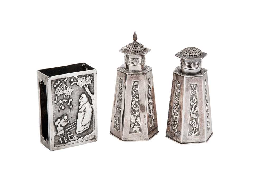 Lot 271 - An early 20th century Chinese Export silver match box holder, Shanghai circa 1920 retailed by Hung Chong