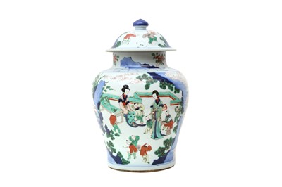 Lot 447 - A CHINESE WUCAI 'LADIES AND BOYS' JAR AND COVER.