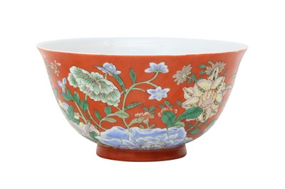 Lot 274 - A CHINESE SALMON RED-GROUND 'BLOSSOMS' BOWL.