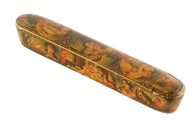 Lot 43 - A LACQUERED PAPIER-MÂCHÉ PEN CASE (QALAMDAN) WITH WESTERNISED MOTHER AND CHILD SCENES