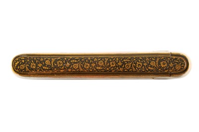Lot 43 - A LACQUERED PAPIER-MÂCHÉ PEN CASE (QALAMDAN) WITH WESTERNISED MOTHER AND CHILD SCENES