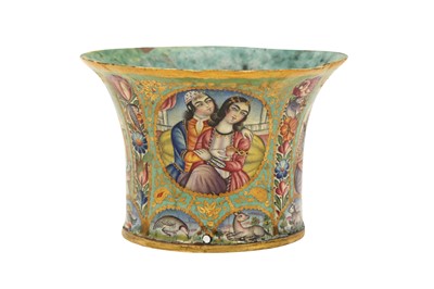 Lot 69 - A QAJAR POLYCHROME-PAINTED ENAMELLED GILT COPPER QALYAN CUP WITH LOVERS