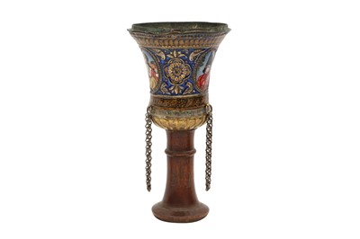 Lot 62 - A QAJAR POLYCHROME-PAINTED ENAMELLED SILVER AND COPPER QALYAN CUP WITH PORTRAITS