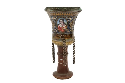 Lot 62 - A QAJAR POLYCHROME-PAINTED ENAMELLED SILVER AND COPPER QALYAN CUP WITH PORTRAITS