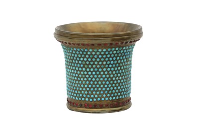 Lot 71 - A QAJAR GILT-COPPER QALYAN CUP ENCRUSTED WITH TURQUOISE BEADS