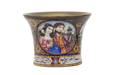 Lot 66 - A QAJAR POLYCHROME-PAINTED ENAMELLED COPPER QALYAN CUP WITH YOUTHS AND LOVERS