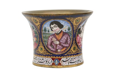 Lot 66 - A QAJAR POLYCHROME-PAINTED ENAMELLED COPPER QALYAN CUP WITH YOUTHS AND LOVERS