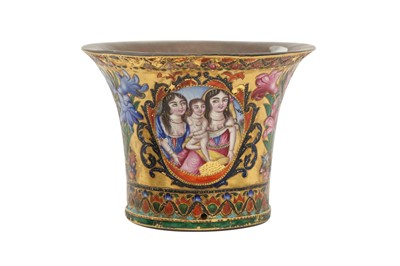 Lot 41 - A QAJAR POLYCHROME-PAINTED ENAMELLED GILT COPPER QALYAN CUP WITH MOTHER AND DAUGHTERS PORTRAITS
