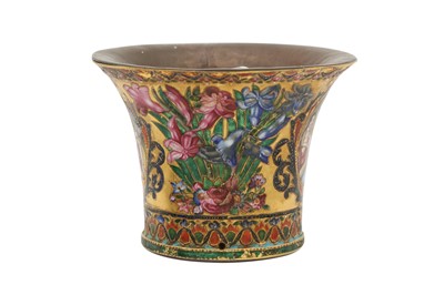 Lot 41 - A QAJAR POLYCHROME-PAINTED ENAMELLED GILT COPPER QALYAN CUP WITH MOTHER AND DAUGHTERS PORTRAITS