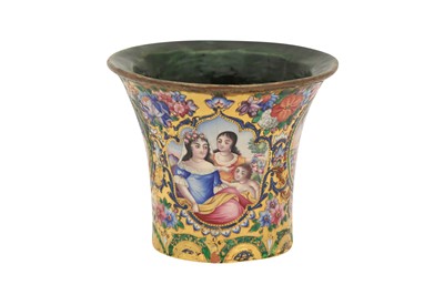 Lot 40 - A QAJAR POLYCHROME-PAINTED ENAMELLED GILT COPPER QALYAN CUP WITH MOTHER AND CHILD PORTRAITS