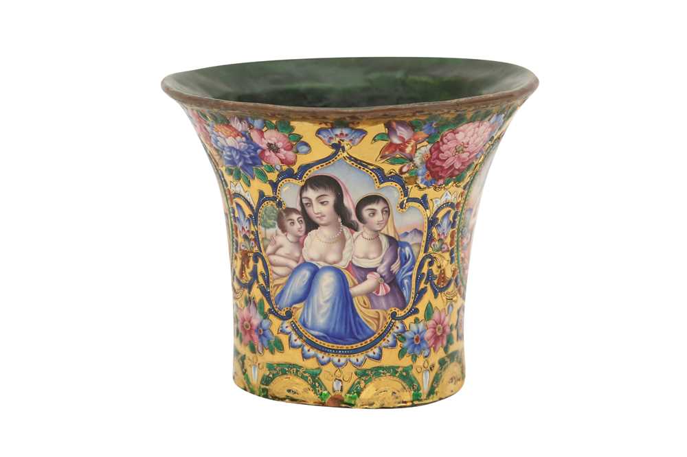 Lot 40 - A QAJAR POLYCHROME-PAINTED ENAMELLED GILT COPPER QALYAN CUP WITH MOTHER AND CHILD PORTRAITS