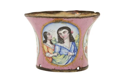 Lot 68 - A QAJAR POLYCHROME-PAINTED ENAMELLED COPPER QALYAN CUP WITH PORTRAITS