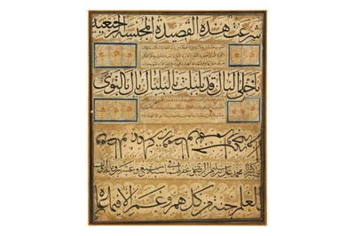 Lot 73 - TWO COMPOSITE MURAQQA' ALBUM CALLIGRAPHIC PANELS WITH THE 'SIX SCRIPTS'