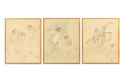 Lot 88 - THREE TINTED DRAWINGS IN THE STYLE OF HOSSEIN BEHZAD (1894 - 1968)