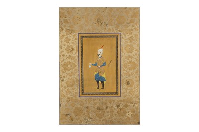 Lot 20 - AN ILLUMINATED ALBUM PAGE WITH AN ARCHAISTIC PORTRAIT OF A SAFAVID NOBLEMAN