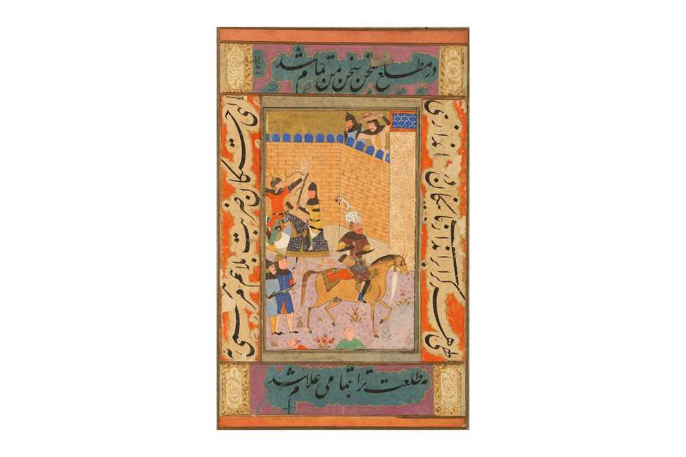 Lot 19 - AN ALBUM PAGE WITH RUSTAM APPROACHING A CASTLE DURING A BATTLE