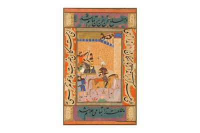Lot 19 - AN ALBUM PAGE WITH RUSTAM APPROACHING A CASTLE DURING A BATTLE