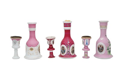 Lot 72 - THREE PORCELAIN WATER PIPE (QALYAN) BOTTLES WITH MATCHING STEM CUPS