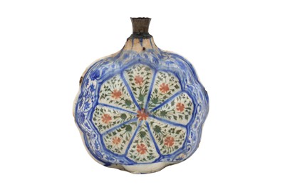 Lot 15 - A SAFAVID BLUE, RED AND GREEN POTTERY PILGRIM FLASK