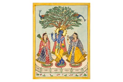 Lot 247 - TWO PAINTINGS AND A HAND-COLOURED PRINT OF HINDU DEITIES
