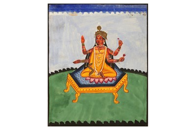 Lot 247 - TWO PAINTINGS AND A HAND-COLOURED PRINT OF HINDU DEITIES