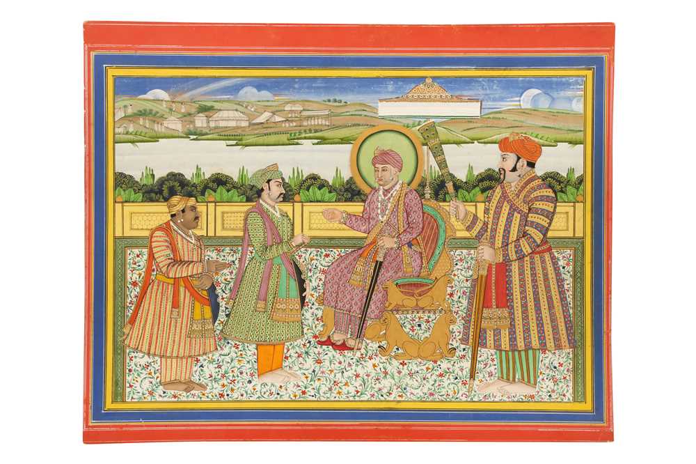 Lot 324 - THE MUGHAL EMPEROR AKBAR GREETING HIS GENERAL, MAN SINGH, AND HIS FATHER-IN-LAW, RAJA BHARMAL