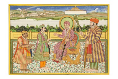 Lot 324 - THE MUGHAL EMPEROR AKBAR GREETING HIS GENERAL, MAN SINGH, AND HIS FATHER-IN-LAW, RAJA BHARMAL
