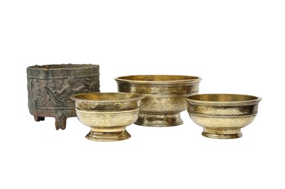 Lot 243 - A CHINESE GREEN-GLAZED CENSER AND THREE POLISHED BRONZE BOWLS