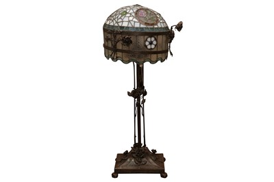 Lot 365 - AN EARLY TWENTIETH CENTURY TIFFANY STYLE WROUGHT IRON STANDARD LAMP
