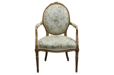 Lot 378 - A NINETEENTH CENTURY FRENCH LOUIS XVI STYLE GILTWOOD FAUTEUIL ARMCHAIR