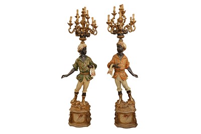 Lot 374 - A PAIR OF CARVED AND PAINTED WOOD BLACKAMORE CANDELABRA, TWENTIETH CENTURY