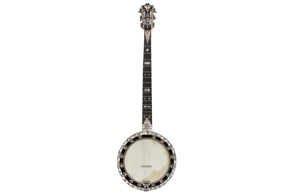 Lot 238 - AN UNUSUAL EARLY TWENTIETH CENTURY MOTHER OF PEARL FIVE STRING RESONATOR BANJO