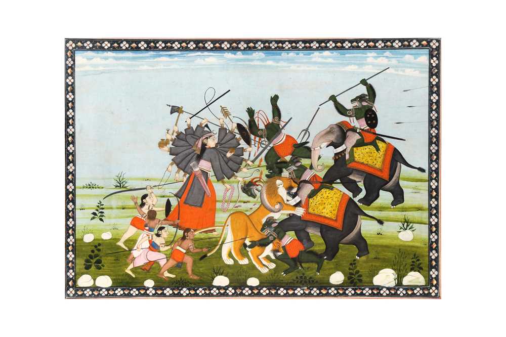 Lot 285 - AN ILLUSTRATION FROM A DEVI MAHATMYA SERIES: THE GODDESS FIGHTING THE DEMON GENERAL CHAMARA